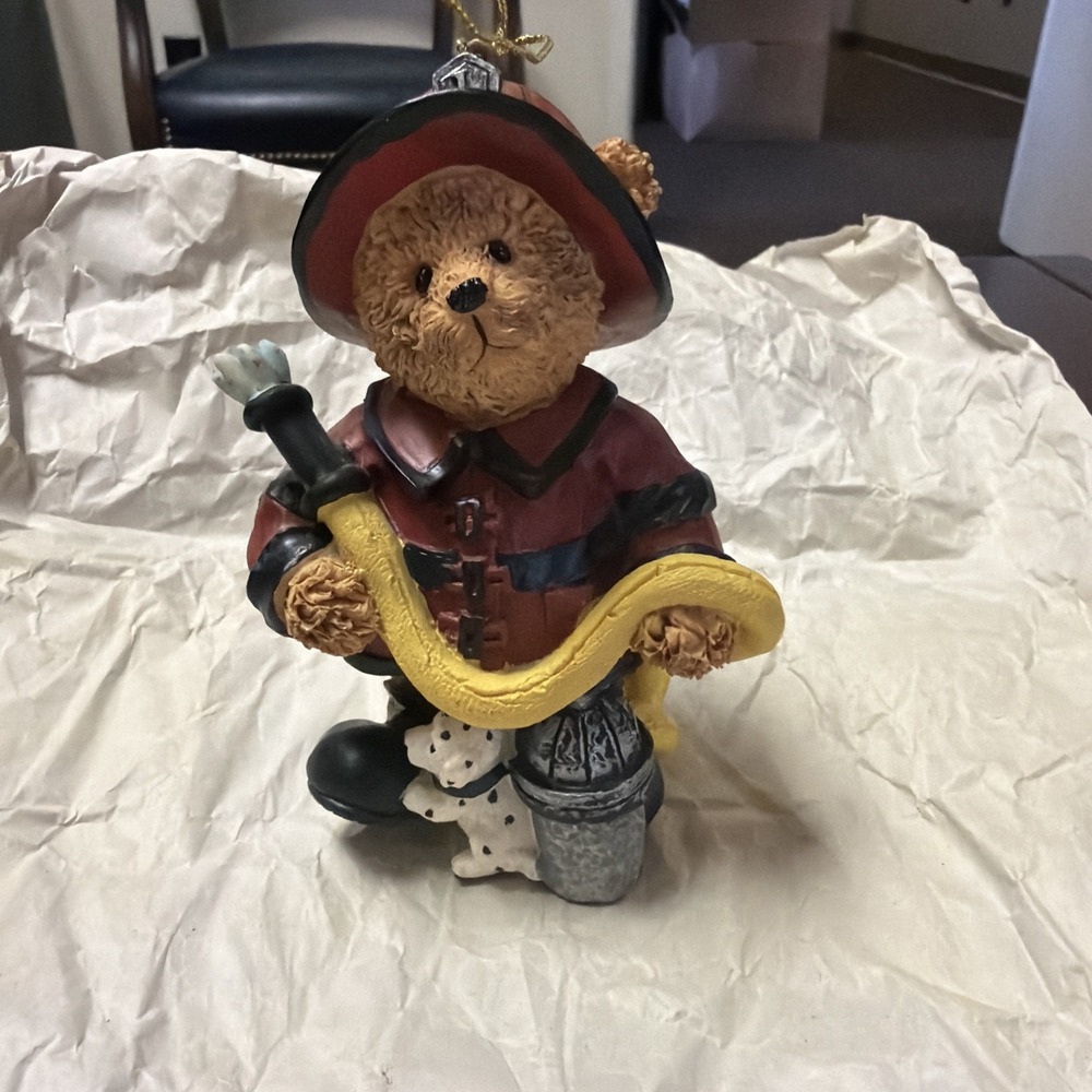 Vintage Fireman Bear 4.5" Figurine Christmas Tree Ornament Firefighter Dalmatian